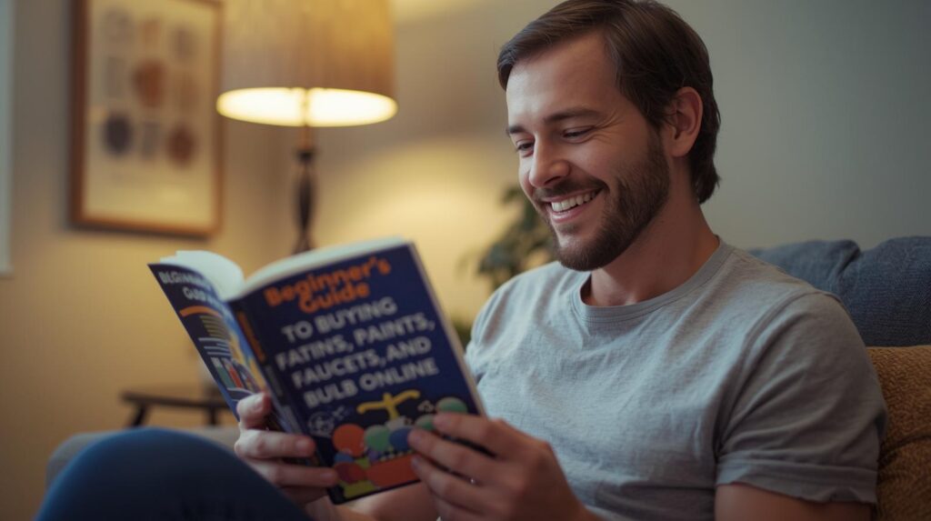 beginner’s guide to buying paints, faucets, and bulbs online, a person in a room wearing a tshirt smiling and reading this book