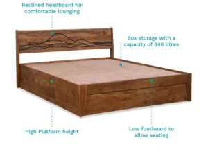 furlenco | mojave solid wood box storage queen bed in timeless teak finish