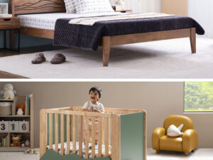 mojave queen bed, mattress & hillo kids crib ( with mattress & protector)