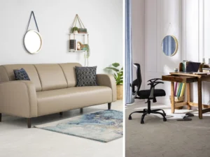 furlenco | ella 3 seater sand beige with nauka workstation