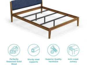 furlenco | mojave upholstered queen bed, mattress & ella 3 seater sofa in moroccan blue