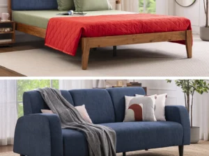 furlenco | mojave upholstered queen bed, mattress & ella 3 seater sofa in moroccan blue