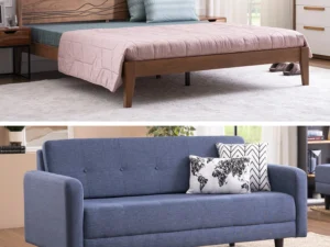 furlenco | mojave king bed, mattress & noah 3 seater sofa denim grace
