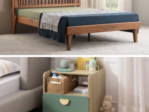 furlenco | sara solid wood queen bed with momkin bedside table