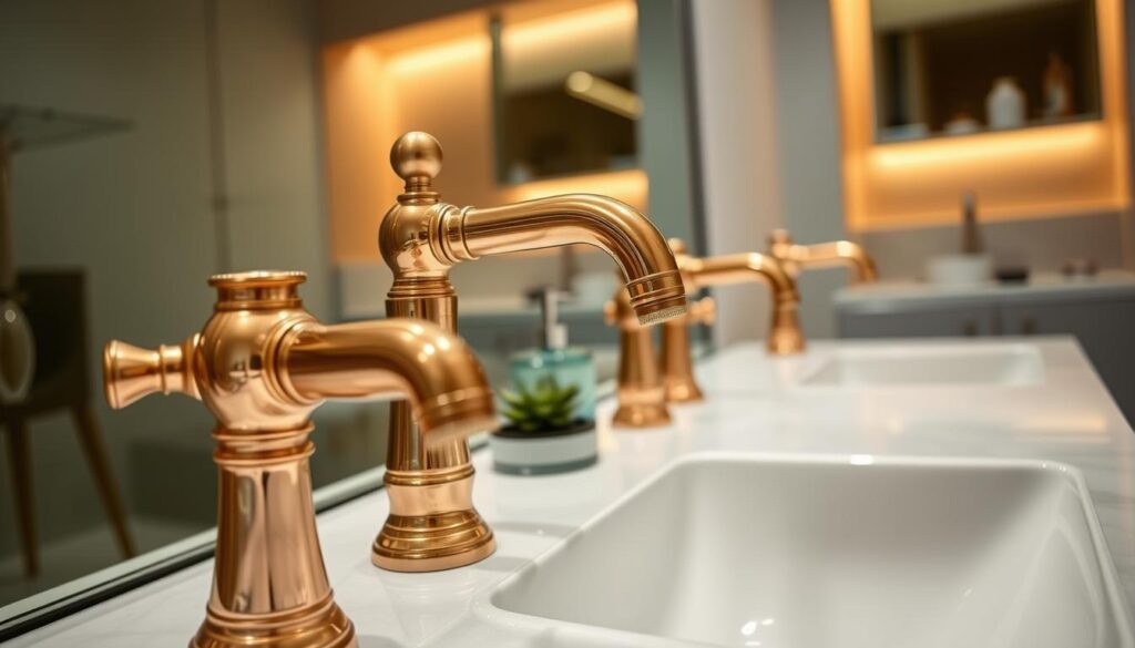rose gold and brass finish faucets